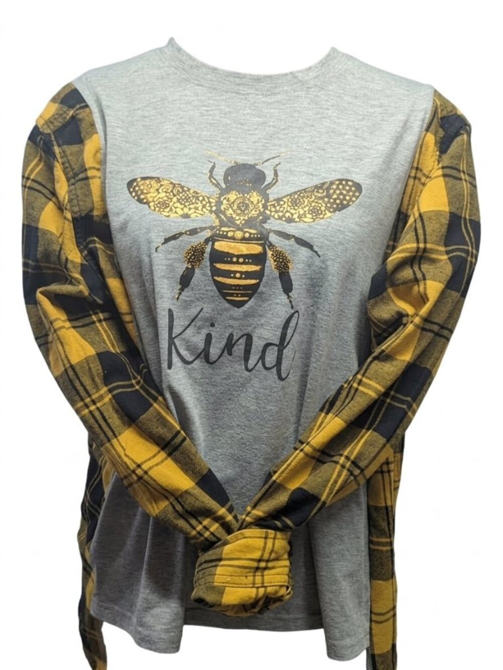 Upcycled, one of a kind Bee Kind high quality t shirt and flannel combination